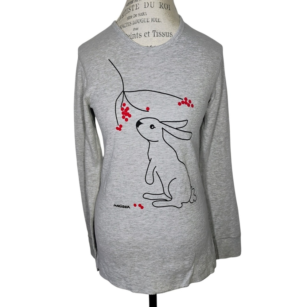 Marushka Handprints Rabbit Top Women Medium Gray Waffle Knit Thermal Art To Wear